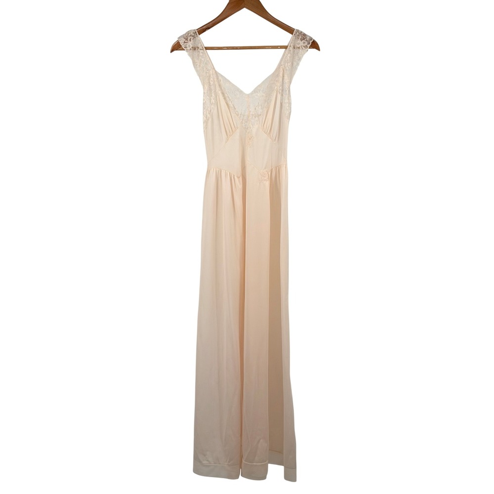 Vintage Vanity Fair Nightgown 32 Pink Lace Nylon Tricot Maxi Slip Dress